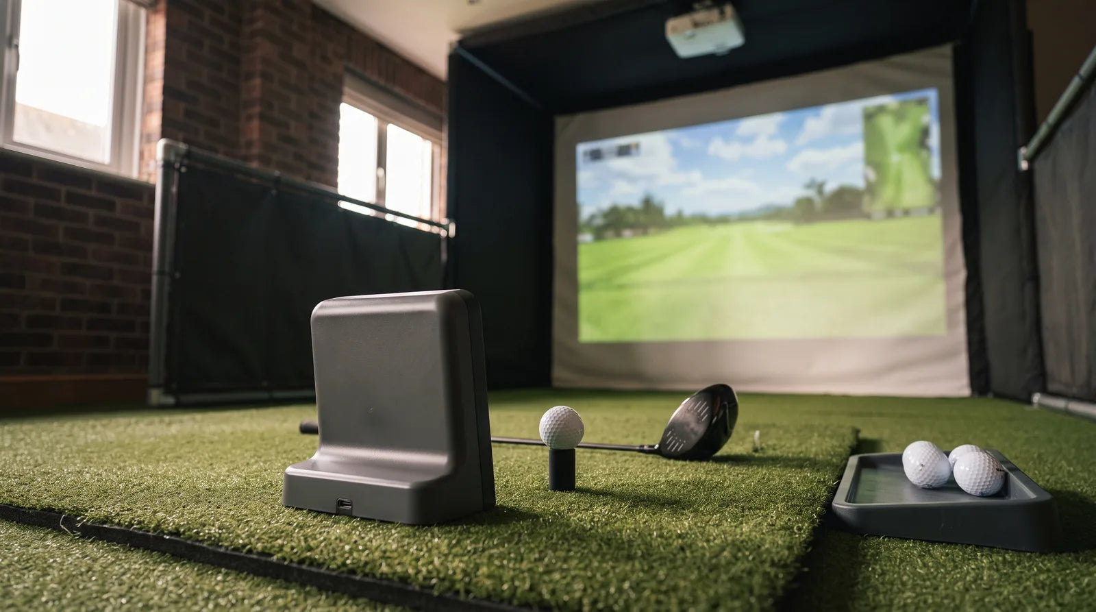A camera launch monitor on a hitting mat beside a teed-up ball and a driver, in a home golf simulator with an impact screen showing a fairway